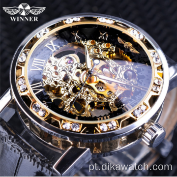 Melhor marca vencedora da moda Golden Retro Relogio Masculino Mecânico Skeleton Diamond Display Luxo Relógio de Pulso Relogio Masculino